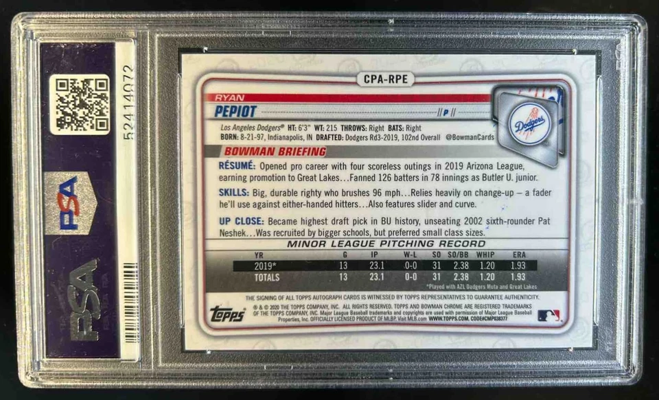 2020 Bowman Chrome Ryan Pepiot Auto Orange Refractor 1st #4/25 PSA 9 - Image 2 of 2