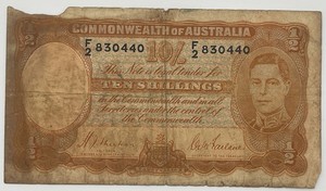 Vintage Commonwealth of Australia Ten Shillings Banknote – World War II Era