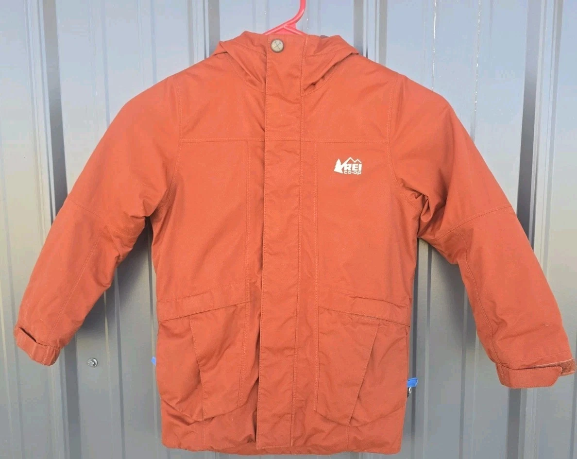 REI Co Op Timber Mountain Waterproof Hooded Jacket Boys XXS (4-5) Deep Orange