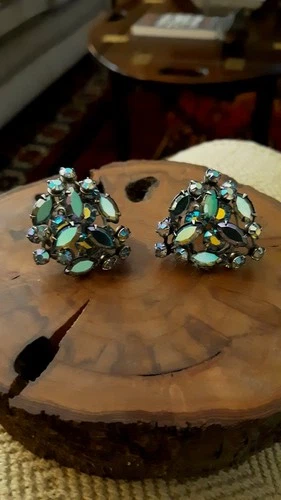 Vintage Glam Iridescent Blue AB Navette Rhinestone Clip- On Earrings