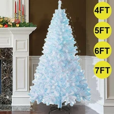 4/5/6/7FT White Artificial Christmas Tree with Blue LED Lights Metal Stand Xmas
