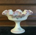 Vintage Fenton Rose Garden Satin Milk Glass Pedestal Compote Dish Signed Floral