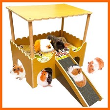 Large Wooden Guinea Pig Hideout House 2 Tierd Guinea Pig Castle with Stairs a...