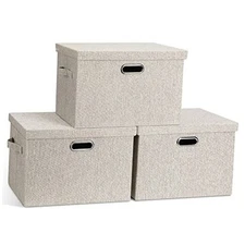 Large Quart Collapsible Stackable Storage Bins with Lids, 3 Large -3 Pack Beige