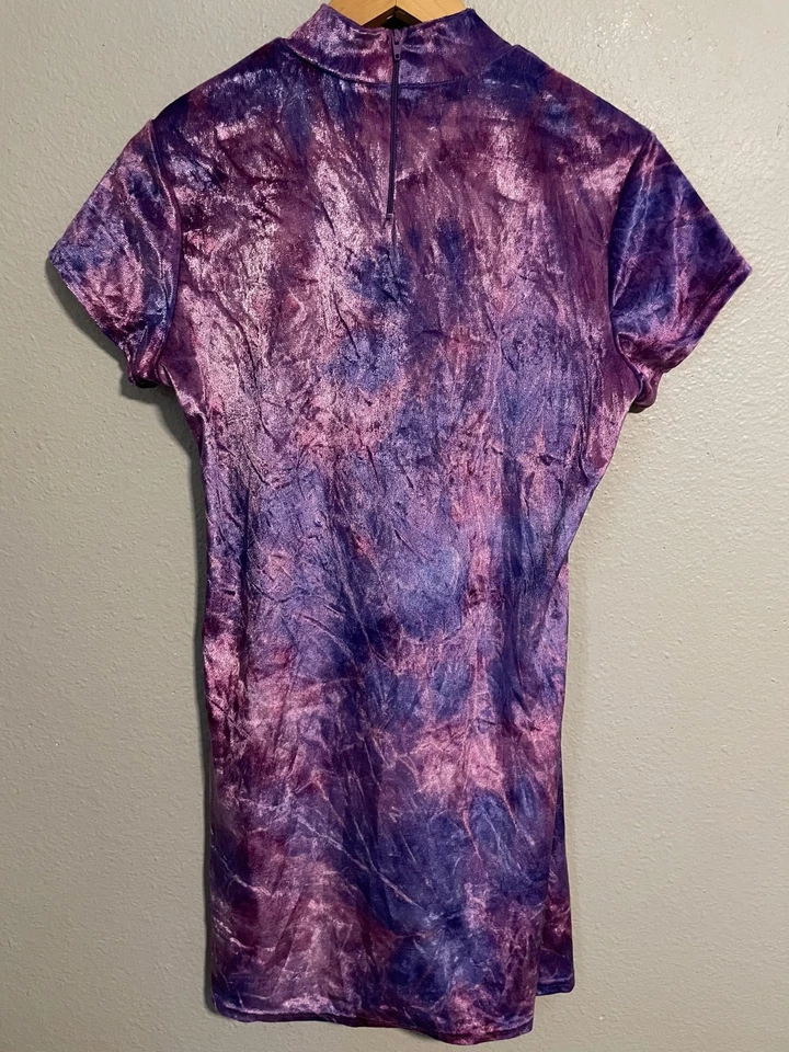 Vintage Aqua Blues Dress Kids 16 Velvet Floral Mock Neck Made in USA Y2K 00s - Image 2 of 4