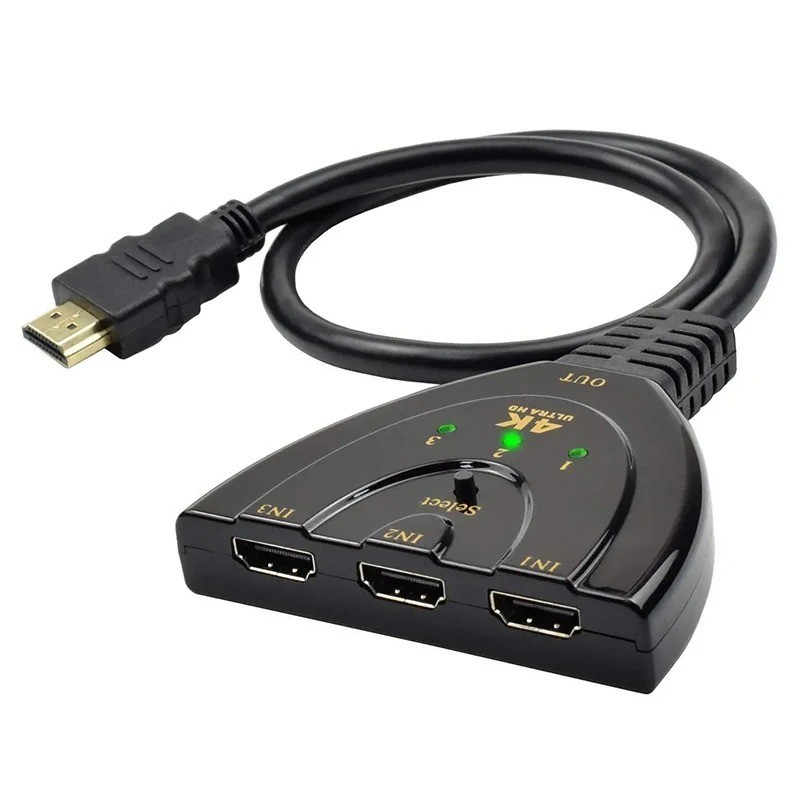 Commutateur HDMI 3 ports avec câble pigtail noir pour TV et console