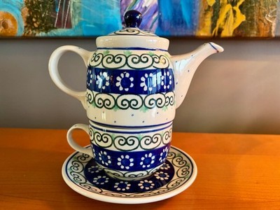 Ceramika Artystyczna Polish Pottery Teacup & Teapot 4 Piece Set