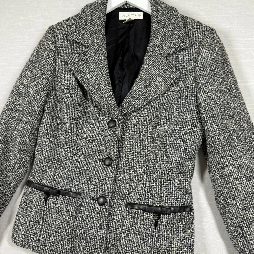 Conjunto de traje de esquina informal vintage para mujer M gris a cuadros lana blazer falda chaqueta Foto 2 de 4