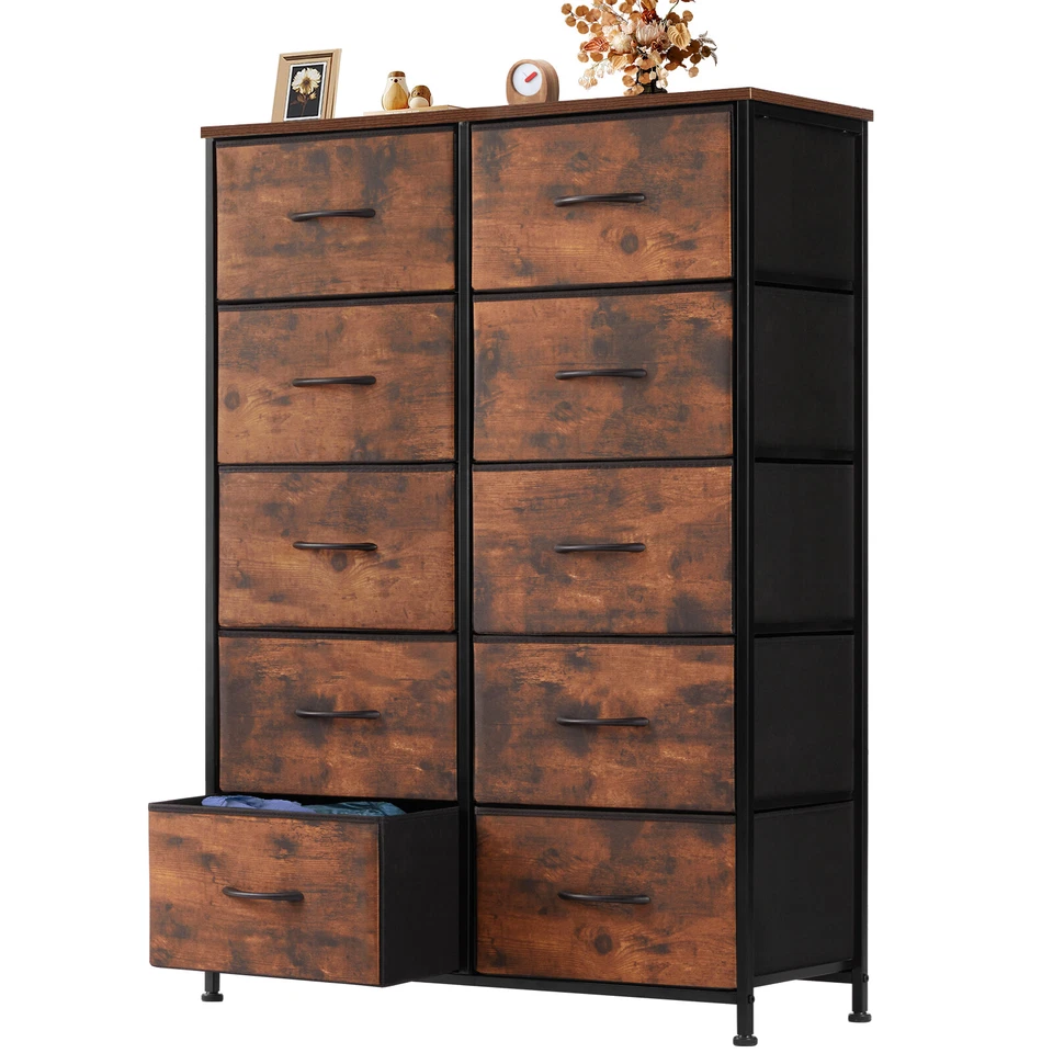 10 Fabric Drawer Dresser Storage Tall Chest Organizer Cabinet Unit Wood Top - Image 2 of 4