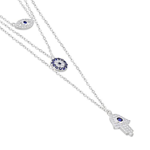 925 Sterling Silver CZ Layered Y Necklace Hamsa Evil Eye Charms - Picture 1 of 5