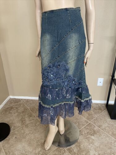 Women’s Blue Silver Denim Cotton Casual Bead A-line Boho Size M(6-8) Skirt 3495