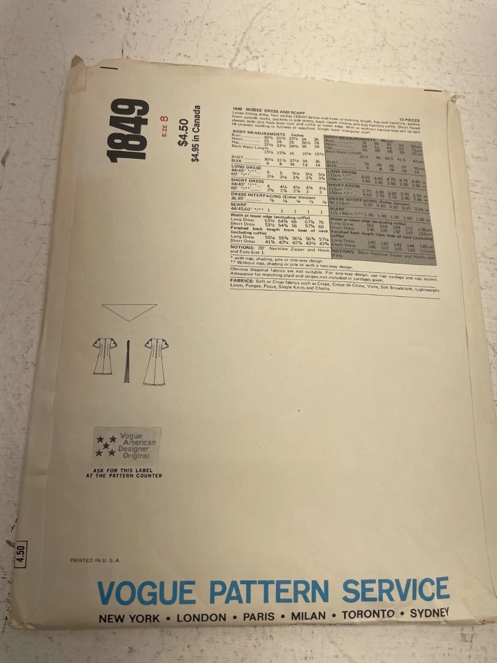 1970's VOGUE Misses 'Vestido Y Bufanda Albert Nipon Patrón 1849 Talla 8 Completo - Imagen 2 de 2