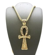 KING TUT GOLD ANKH CROSS SYMBOL OF LIFE PENDANT w/ 4mm 36" FRANCO CHAIN NECKLACE