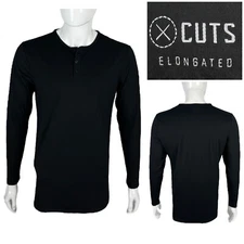 CUTS Elongated Mens Large Shirt Henley Black Long Sleeve Pyca Poly Cotton EUC