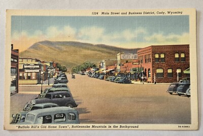 Vintage Unused Linen Postcard Main Street Business District Cody  Wyoming WY W20