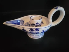 Delft Blue Dutch Hand Painted Windmill Candle Stick Holder w/Handle Taper