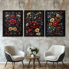 Luxury Red Flower Wall Art Set of 3 Prints Red Floral Home Decor Gold Floral Art