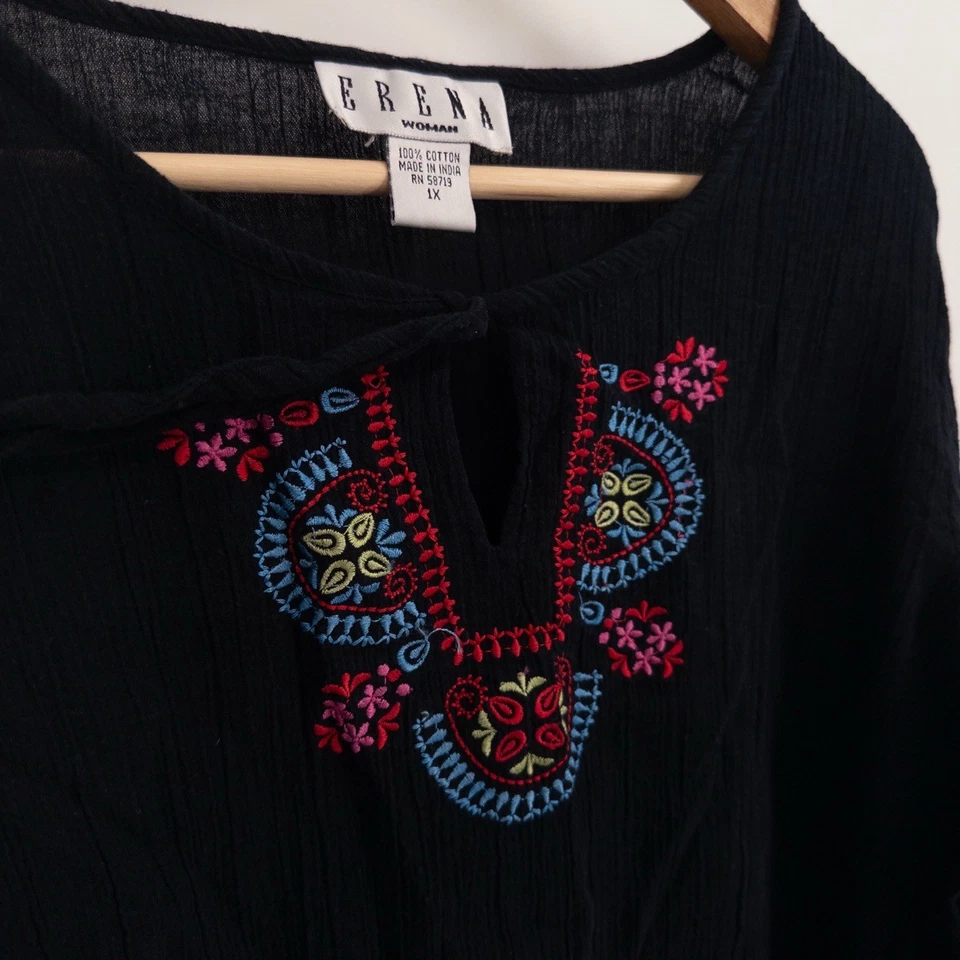 Y2K Boho Embroidered Peasant Top Womens 1X Black Long Sleeve Gauzy Cotton Flowy - Image 3 of 4
