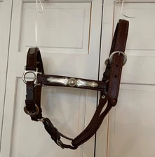 Western Show Halter Leather Engraved Nickel Overlay Adjustable crown 18-24"