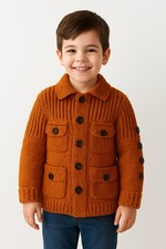 SANIYE, Tejido a Mano, Bebé, Polo Cuello Escote Otoño Naranja Negro Abotonado