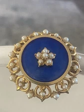 VTG VICTORIAN REVIVAL FLORENZA COBALT BLUE ENAMEL BROOCH / PENDANT - SIGNED