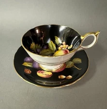 Vintage Aynsley Black Orchard England Porcelain Bone China Teacup & Saucer