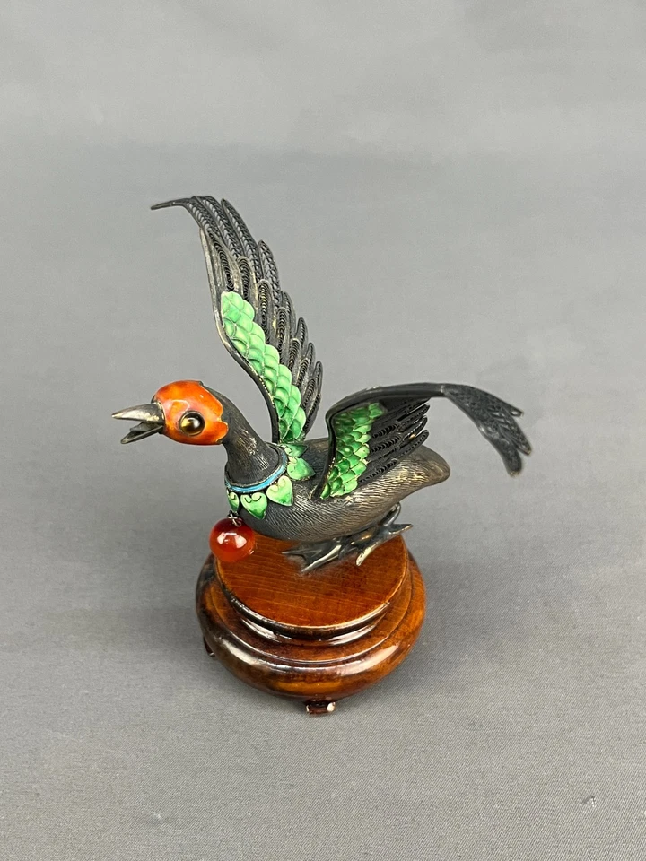 Chinese Filigree CLOISONNÉ ENAMEL Duck Bird 4" Figurine on Hardwood Stand - Image 2 of 4