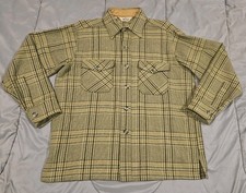 VTG 70s Woolrich Wool Flannel Shirt Jacket Mens L Plaid BeigeGreen Shacket Tweed