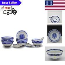 Elegant 10-Piece Blue and White Porcelain Bowl Set with Free Spoons - Lead-Free