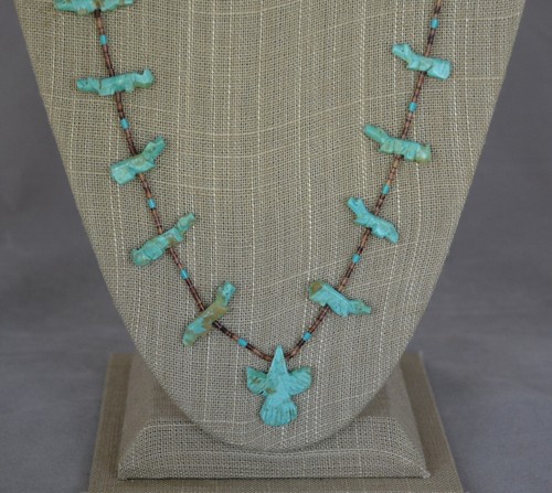 Navajo Necklace - 16 Hand Carved Turquoise Fetish and Turquoise Eagle - 31" - Picture 3 of 9