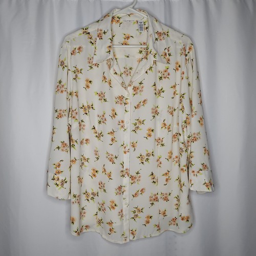 Laura Scott Bluse mit Knöpfen Damen 24 W creme pfirsich Blumen Chiffon 3/4 Arm V-Ausschnitt