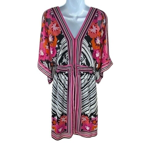 Bisou Bisou Blumendruck Kleid V-Ausschnitt transparent Kurzarm Blouson künstlerisch Gr. 14 - Bild 2 von 9