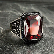 Men Square Ruby Red Gemstone Silver Ring , Men Handmade Ruby Zircon Stone Ring