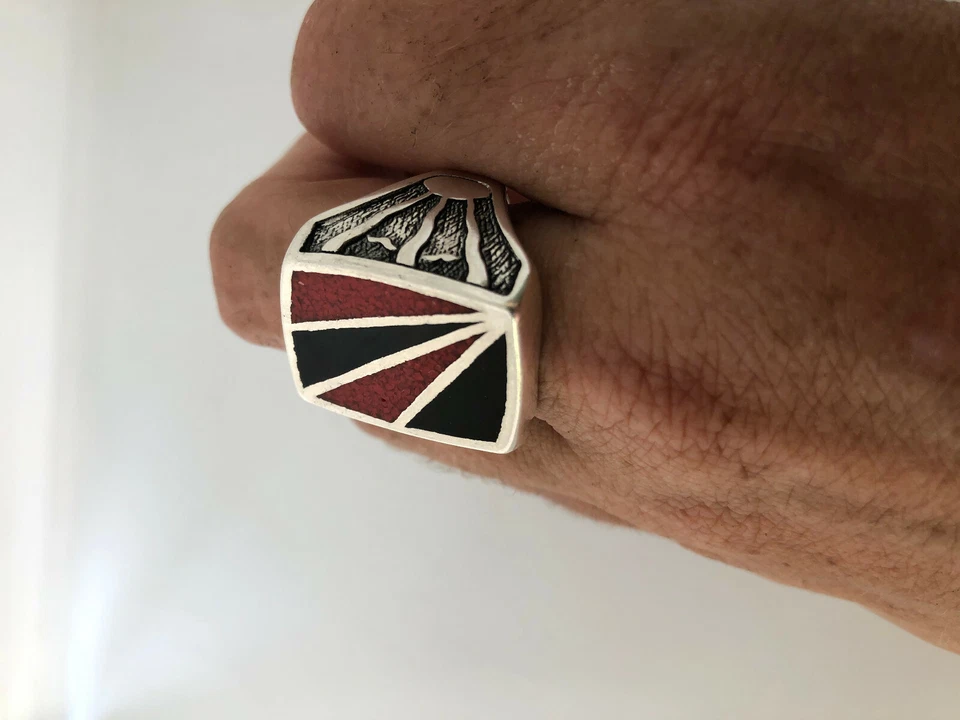 Anillo vintage de coral suroeste para hombre con incrustación de plata blanco bronce talla 12,75 Foto 2 de 4