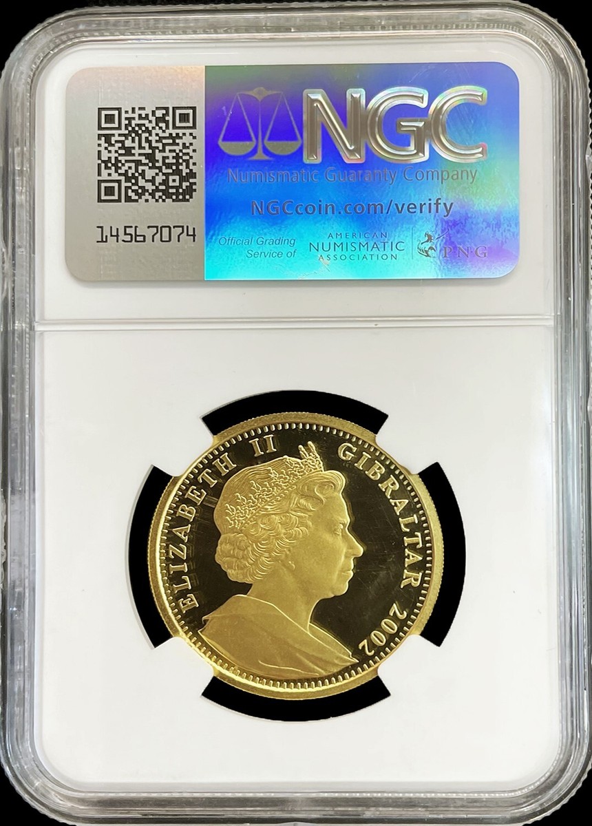 2002 GOLD GIBRALTAR 1/2 OZ GOLDEN JUBILEE CROWNED JEWELS NGC