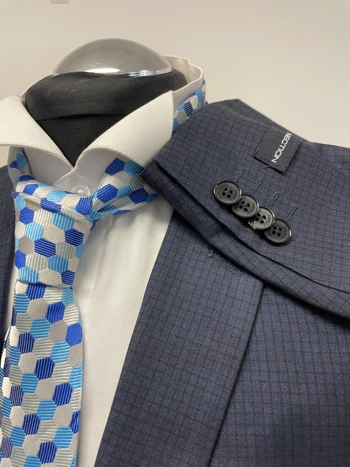 TRAJE CONEXIÓN FRANCESA 2 PIEZAS CON ELÁSTICO EN CUADROS AZUL MARINO 42R TRS W36 L31 NUEVO SIN ETIQUETAS Foto 4 de 4