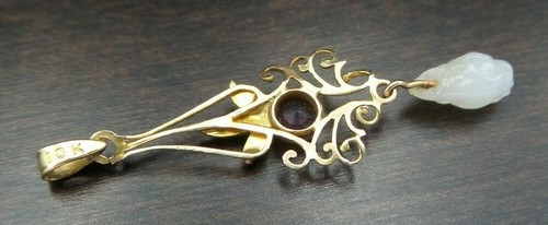 Stylish Vintage 10K Yellow Gold, Pearl & Carved Jade Designer Pendant - Picture 7 of 8