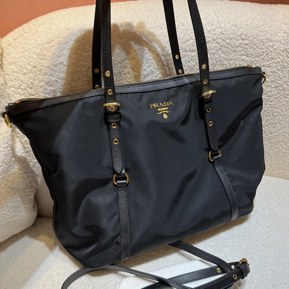 Black Re-nylon And Saffiano Leather Tote Bag