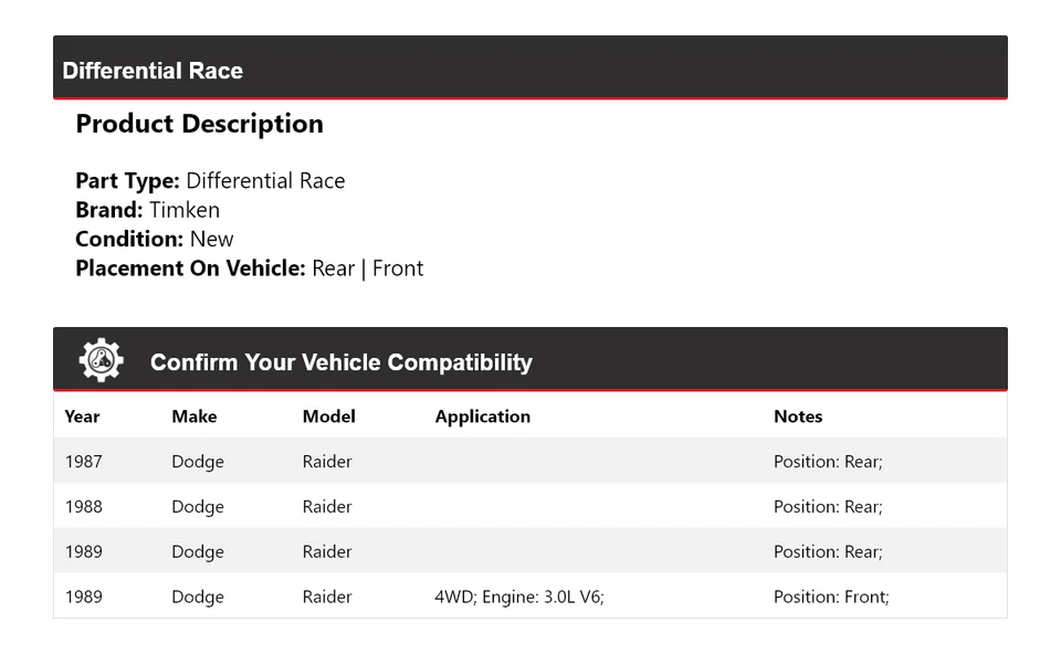 For 1987-1989 Dodge Raider Differential Race Timken 1988 - Image 2 of 4