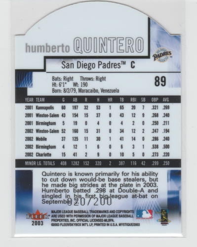 2003 Fleer Mystique # 89 Humberto Quintero Blue Die-Cut # 020/200 Padres - Picture 2 of 2