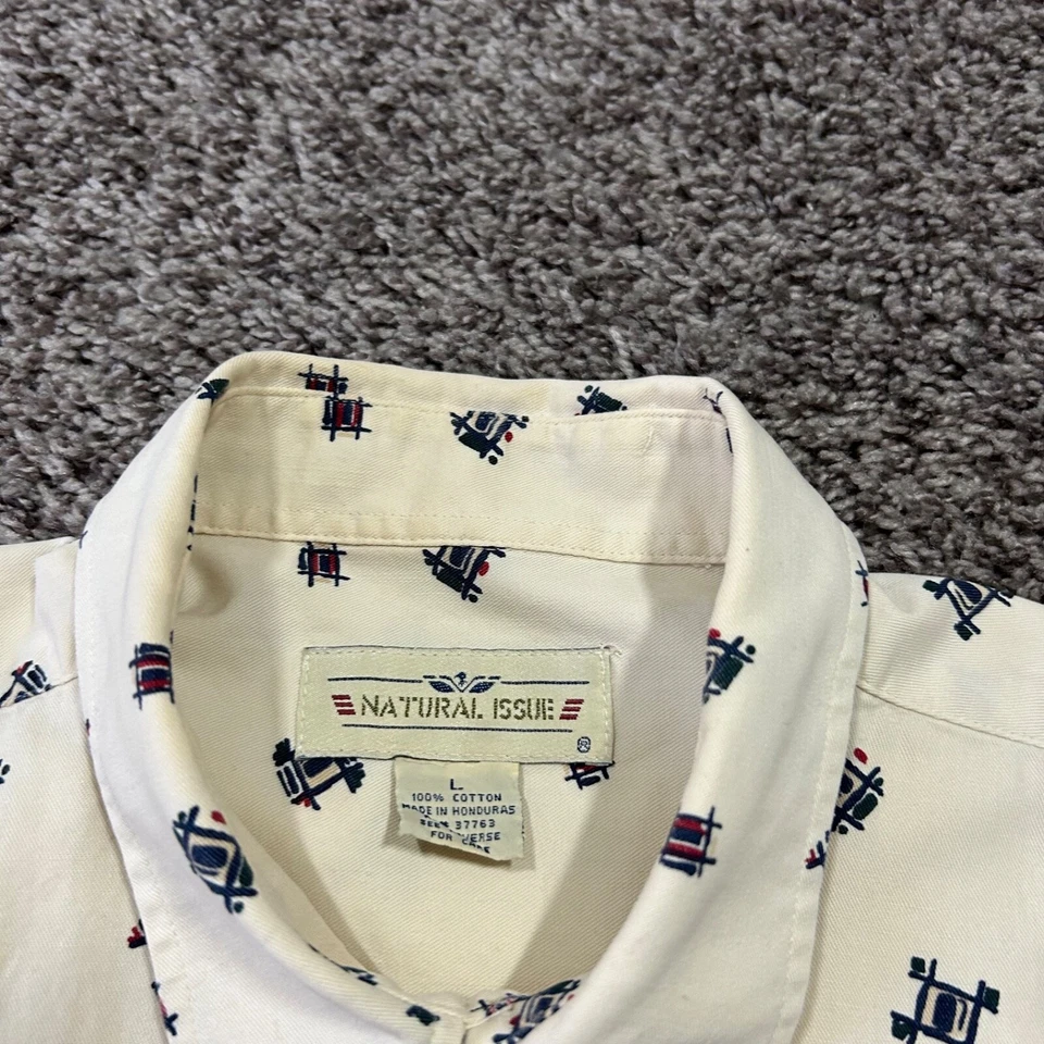 Vtg Novelty Print Long Sleeve Button Down 90s Beige Cream Large - Image 4 of 4