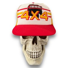 Vintage 4x4 Pickup Truck Trucker Hat Cap Yellow Red Mesh Snapback 3 Stripe