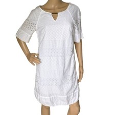Adrianna Papell White Cotton Eyelet Short Sleeve Shift Dress Size 4 Keyhole Neck