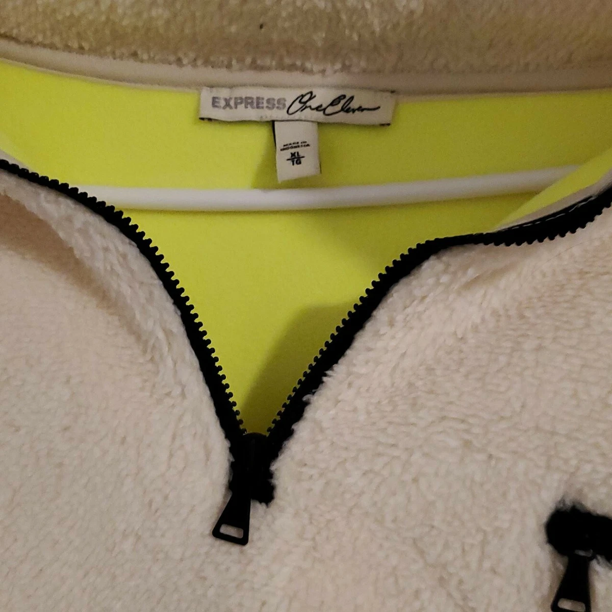 Express Womens Fuzzy Ivory And Neon Quarter Zip Sweater Size XL
