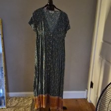 Natural Life Floral Maxi Dress Teal Orange V-Neck Short Sleeve Cotton M