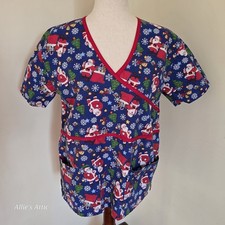 Peppermint Scrub Top Santa Shirt Blue Red White Christmas Winter Medium 