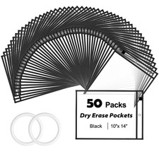 50 Packs Dry Erase Pocket Sleeves with 2-Ring, Reusable Clear Plastic Classro...
