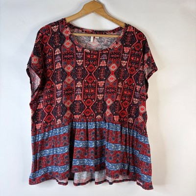 Cato Est. 1946 Peplum Top Women 22/24W Red Blue Geometric Paisley Print Knit