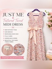 Just Me NWOT Textured Tweed Midi Dress Pink Bow Waist V-Neck Size M