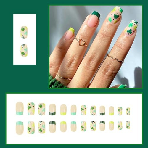 24Pcs Shamrock Press on Nails Short Square Fake Nails St. Patrick's Day False - Bild 2 von 7
